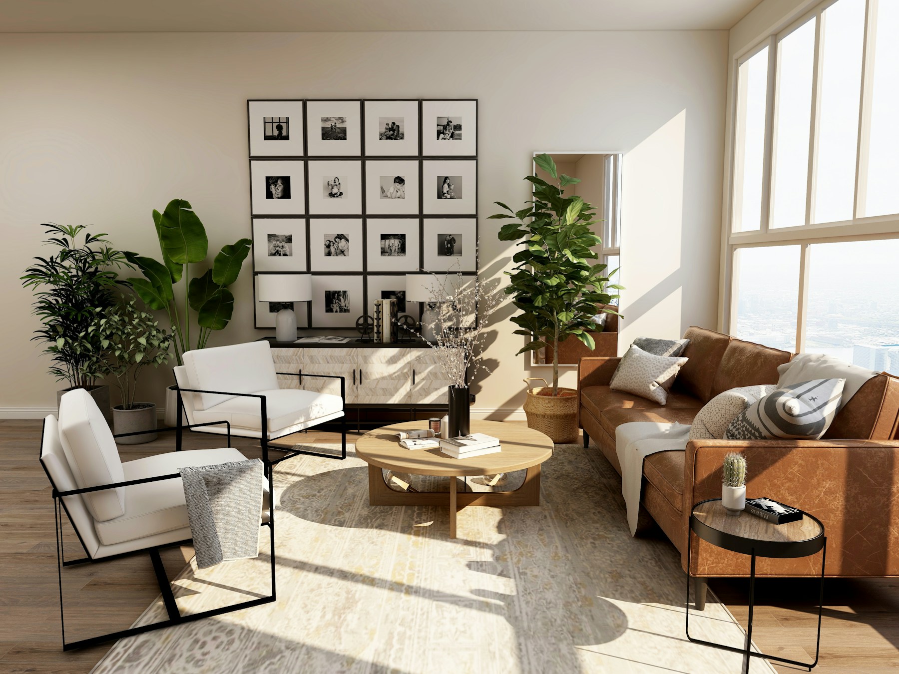 Illustrative bright living room with smooth white walls and ceiling